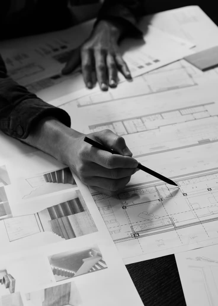 Architectural plans and design drawings being developed by hand