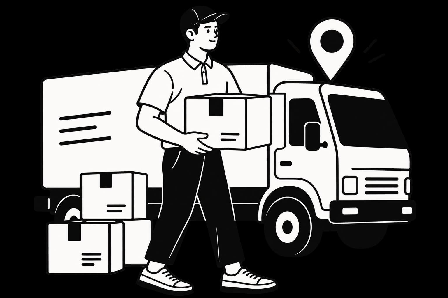 Black-and-white illustration of a delivery courier, packages, and a delivery truck